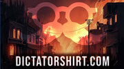 DictatorShirt logo with a burning city behind it