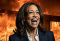 Kamala Harris with city burning behind her